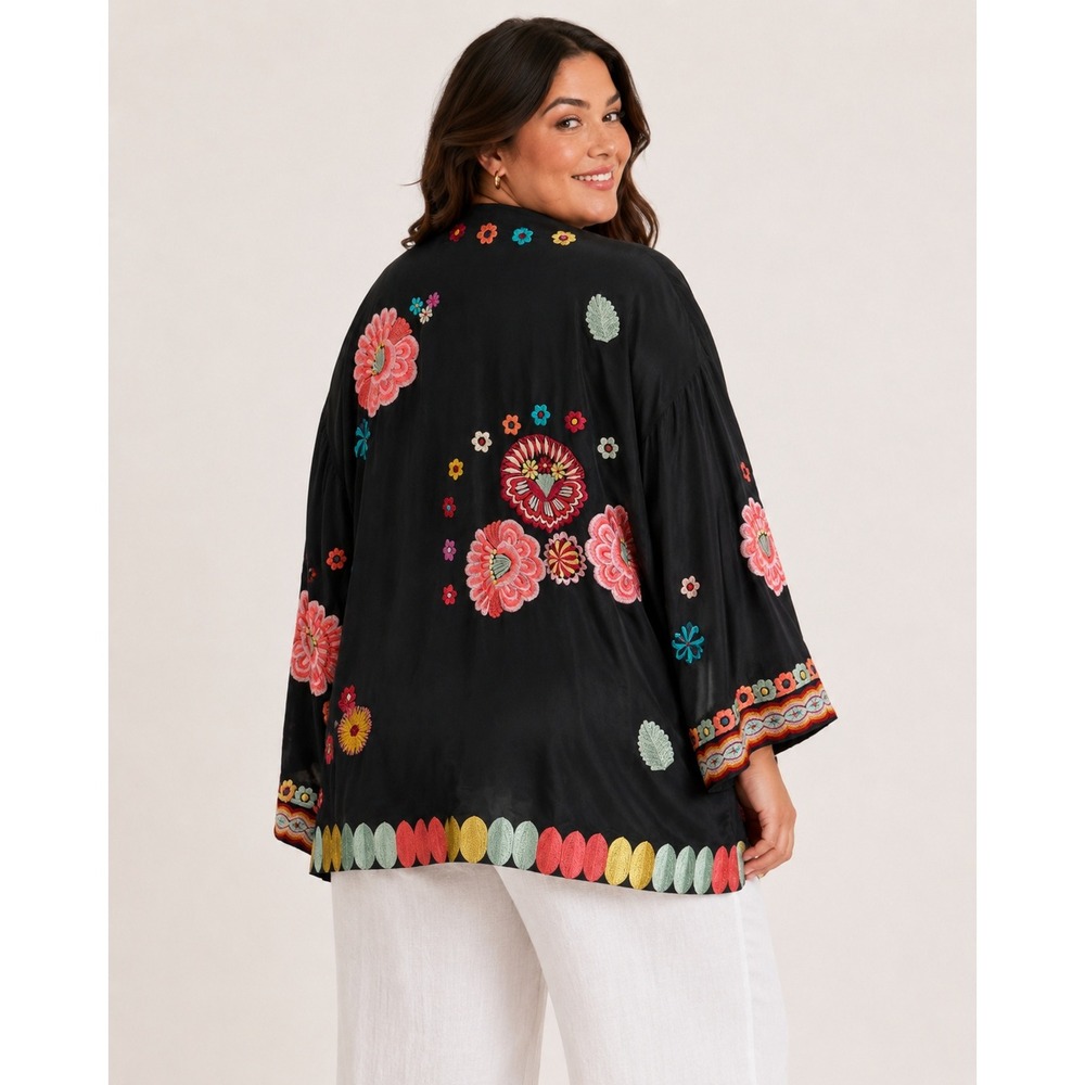 Natori Black Embroidered Kimono Jacket Floral Open Front Boho Statement XL - Picture 4 of 16